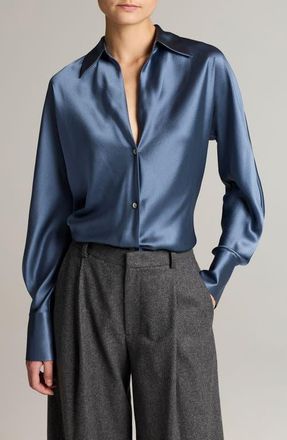 Vince Silk Button-Up Shirt in Blue Slate at Nordstrom, Size Xx-Small