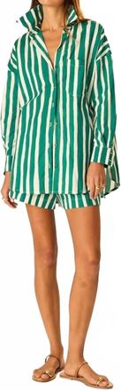 Natalie Martin Jasper Elastic Drawstring Waist Short In Green/batkin Stripe Lawn