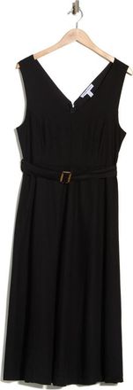 Ellen Tracy V-Neck Sleeveless Belted Midi Dress in Black at Nordstrom Rack, Size X-Large
