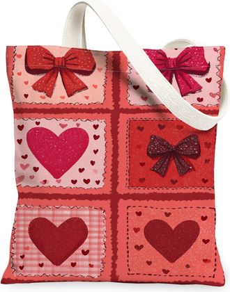 Generic ValentineS Hearts Canvas Tote Bags, Romantic Bow Pattern Reusable Grocery Bags, Lightweight Washable Shoulder Strap Canvas, Red, 13x15 Inch