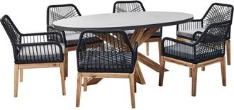 Beliani Conjunto De Mesa Y 6 Sillas De Jard&iacute;n Moderna De Cemento Con Base De Madera De Acacia Gris Y Negro Madera Clara Oristano/olbia