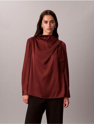 Calvin Klein Womens Satin Side Tie Long Sleeve Blouse - Red - S