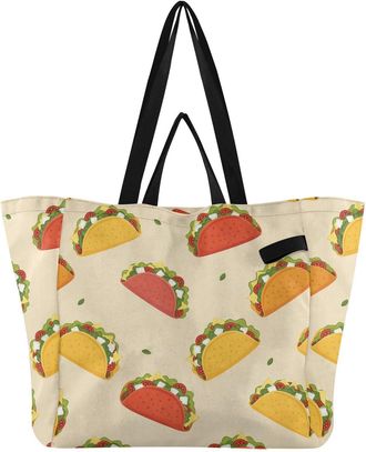 Generic Taco Food Beige pattern Reusable Canvas Tote Bag, Heavy Duty Grocery Shopping Bag with Double Handles Hard Bottom Large Capacity Work Groceries Travel