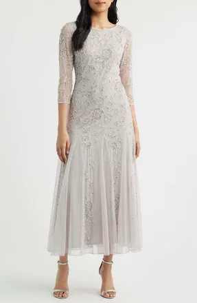 Pisarro Nights Beaded Tulle A-Line Gown in Silver at Nordstrom, Size 10