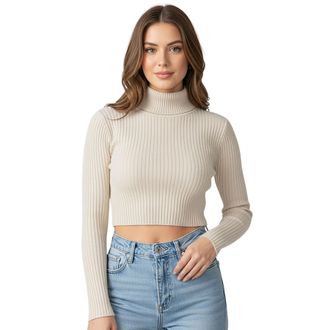 Janisramone Ladies Ribbed Crop Polo Neck Jumper, Knitted Long Sleeve Top, Soft Stretch Pullover, Winter Cropped Sweater, Casual Slim Fit UK Sizes 8-14 Cream