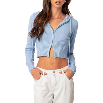 Edikted Desiree Hooded Crop Cardigan in Light-Blue at Nordstrom, Size Medium