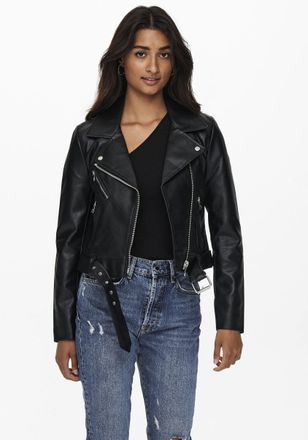 Only Lederimitatjacke ONLY ONLVERA FAUX LEATHER BIKER CC OTW, Damen, Gr. XS, schwarz, Web, Obermaterial: 88% Polyester, 9% Baumwolle, 3% Viskose, unifarben
