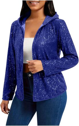 Generic Womens Sequin Jacket Hoodies Open Front Long Sleeve Sparkly Cardigans Casual Lightweight Glitter Outdoor Holiday Party Outwear Sparkly Sequin Tops Plu
