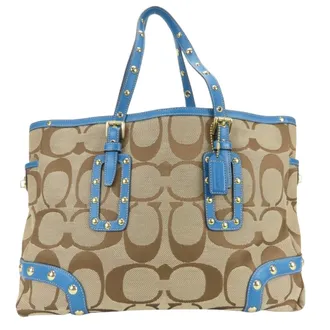 Coach Signature Blue Brown Canvas Leather Tote Bag (Pre-Owned)