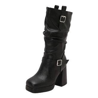 Generic Womens Retro Mid Calf Boots Round Toe Super High Thick Heel Platform With Easy Slip On Design Casual Tall Booties