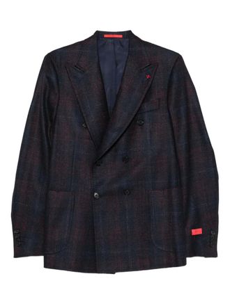 Isaia double-breasted checked-pattern blazer - Blue