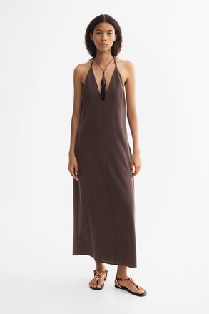 H&M Cr&ecirc;pe Halterneck Dress in Dark Brown at Nordstrom, Size X-Large