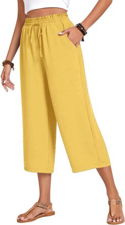 Generic Cropped Trousers For Women UK Casual Summer Linen Trousers Elasticated Waist Lightweight 3/4 Length Capri Pants With Pockets Wide Leg Lounge Holiday B
