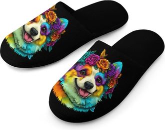 Generic Corgi Colorful Mens Slippers Warm Non-Slip Houes Shose Spa Slipper for Home Bedroom