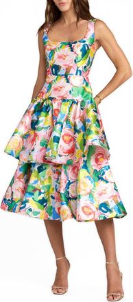 Mac Duggal Floral Mikado Sleeveless Ruffle Midi Dress in Blue Multi at Nordstrom, Size 10