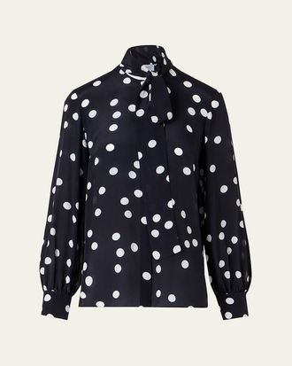 Akris Polka Dot-Print Georgette Neck-Bow Blouse