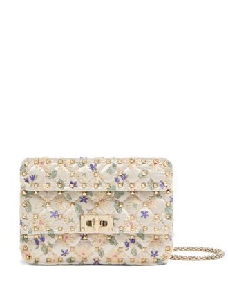 Valentino Garavani small Rockstud Spike jacquard shoulder bag - women - Polyester/Silk/Nappa Leather - One Size - Neutrals