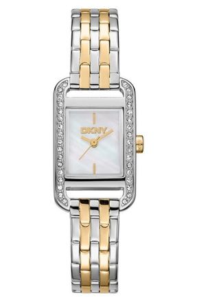 DKNY Signature Shape Crystal Bezel Tank Bracelet Watch, 20mm x 33mm in White Mop at Nordstrom