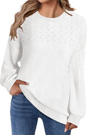 Zeagoo Womens Jumper Casual Lantern Long Sleeve Crewneck Sweaters Solid Color Crochet Knit Loose Pullovers Tops White XXL