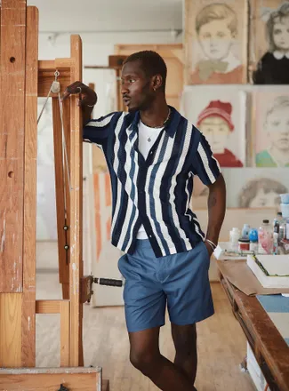 Le 31 Mens Striped pointelle-knit polo-collar Cardigan Sweater