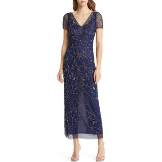 Pisarro Nights Beaded Mesh Column Gown in Sapphire at Nordstrom, Size 2