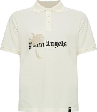 Palm Angels Geprinte katoenen poloshirt - Heren - Tops - Beige - Maat: XS Katoen