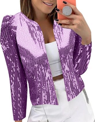 Generic Womens Casual Fashion Sequin Bead Sparkling Suit Cardigan Jacket Womens Vests for Winter (Purple, XXL)