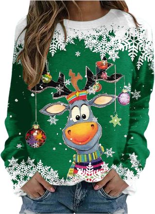 Generic Christmas Sweatshirts for Women Funny Reindeer Snowflake Graphic Print Casual Long Sleeve Shirts Tunic Tops Womens Ugly Christmas Sweatshirts Womens L
