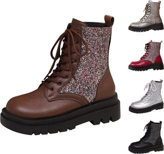 Generic Womens Lace up Ankle Boots Sequin Glitter Platform Short Boots Chunky Low Heels Sparkly Booties Ladies Comfortable Retro Round Toe Shoes Lug Sole Anti