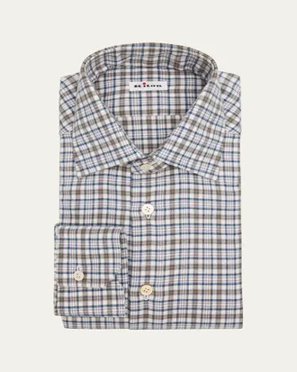 Kiton Mens Plaid Cotton Dress Shirt