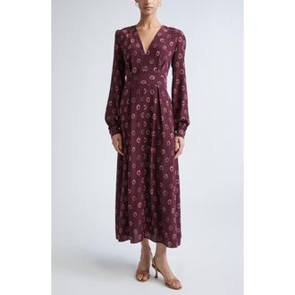 St. John Jill Abstract Ink Print Long Sleeve Silk Dress in Bordeaux Dusty Pink Multi at Nordstrom, Size 12