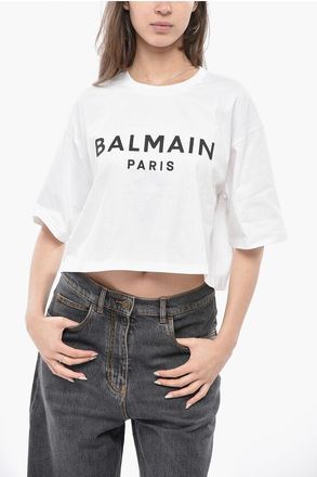 Balmain Cotton Cropped-Fit T-Shirt with Printed Logo size M