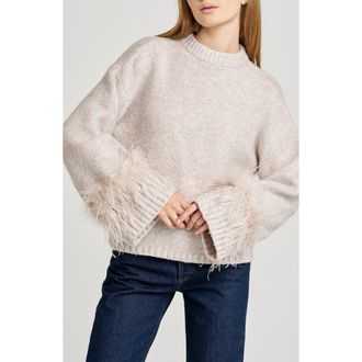 Wayf Pia Feather Trim Mock Neck Sweater in Dove at Nordstrom Rack, Size Small