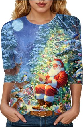 Generic Womens Christmas T Shirts 3/4 Short Sleeve Tops UK Christmas Tree Pullover Ladies Crewneck Christmas Sweatshirts Funny Graphic Tee Shirt Casual Xmas B