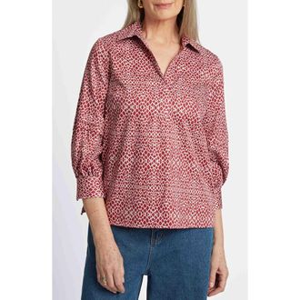Foxcroft Frankie Abstract Print Cotton Sateen Popover Top in Ruby Red at Nordstrom, Size X-Small