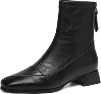 Generic Women Retro Square Toe PU Leather Ankle Boots Low Chunky Block Heels Side Zip Elastic Top Easy On Cushioned Non Slip Comfortable Durable Fashion,Black