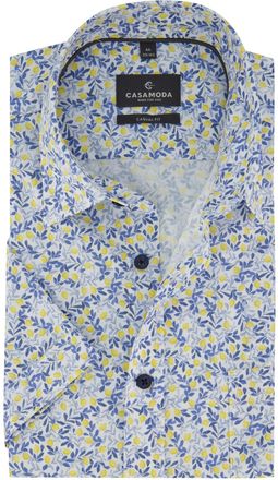 Casamoda Citroen geprint overhemd met borstzak Casa Moda casual fit korte mouw zwarte knoop
