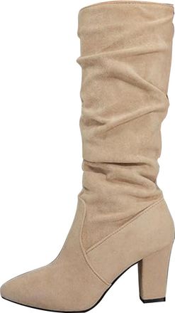 Generic Knee High Boots Women Slouchy Suede Slouch Mid Calf Boots Wide Calf Kitten Heel Pointed Toe Pull On Long Boot Winter Comfortable Casual Work Shoes