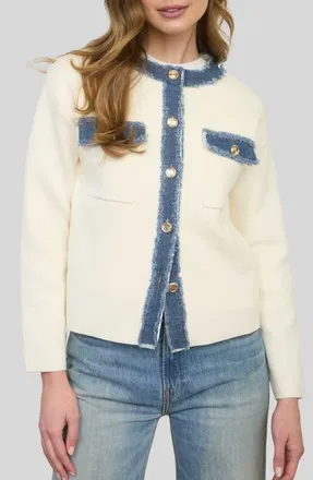 ZOE AND CLAIRE Frayed Denim Trim Knit Jacket in Ivory Denim at Nordstrom, Size X-Small