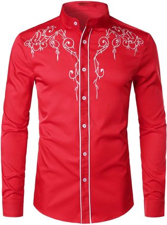 Generic Cowboy Shirt Mens Stylish Western Cowboy Shirt Embroidered Slim Fit Casual Long Sleeve Shirts Mens Wedding Party Shirts for Men