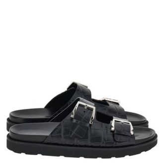 Ferragamo Croc-Embossed Double Strap Leather Sandals, Size 9 EE