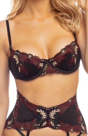 Oh l&agrave; l&agrave; Ch&eacute;ri Esmerelda Embroidered Underwire Bra, Thong & Garter Belt in Cheri Holiday/black at Nordstrom Rack, Size X-Large