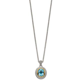 Diamond2Deal Sterling Silver with 14K Accent Oval Light Swiss Blue Topaz Pendant Necklace