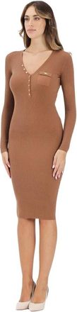Elisabetta Franchi Bruine Gebreide Midi Jurk met Geribbelde Details - Dames - Kleedjes - Bruin - L - Satijn - Kleedjes