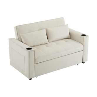 STILVORA Sof&aacute; Convertible 2 Plazas En Terciopelo Con Respaldo Ajustable, 2 Portavasos, Bolsillo Lateral Y 2 Cojines Gruesos, Beige