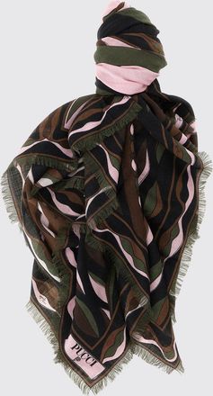 Pucci Square Silk and Wool Scarf with Abstract Print and Fringed Edges
