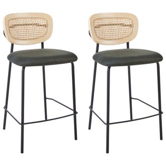 Beliani Beliani - Conjunto De 2 Sillas De Bar Modernas Trenza Vienesa Respaldo De Rat&aacute;n Taburetes Asiento De Poli&eacute;ster Patas Negras Sin Reposabrazos Verde Osc
