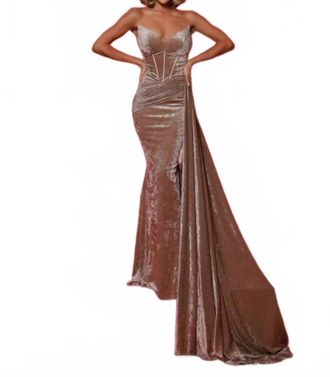 Johnathan Kayne Strapless V-Neck Draped Prom Gown In Sand