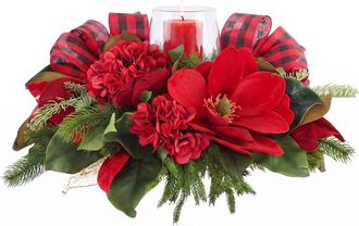 Creative Displays Inc. Handmade Modern Farmhouse Holiday Candleholder With Magnolias & Buffalo Plaid Bows