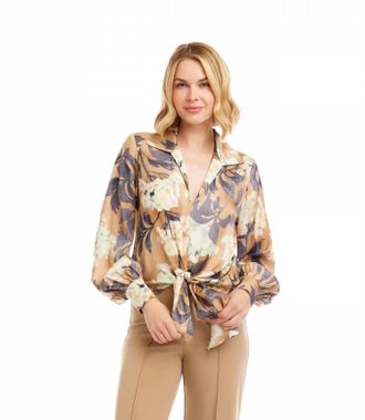 Karen Kane Beverly Blouson Sleeve Satin Tie-Front Top In Multi Print